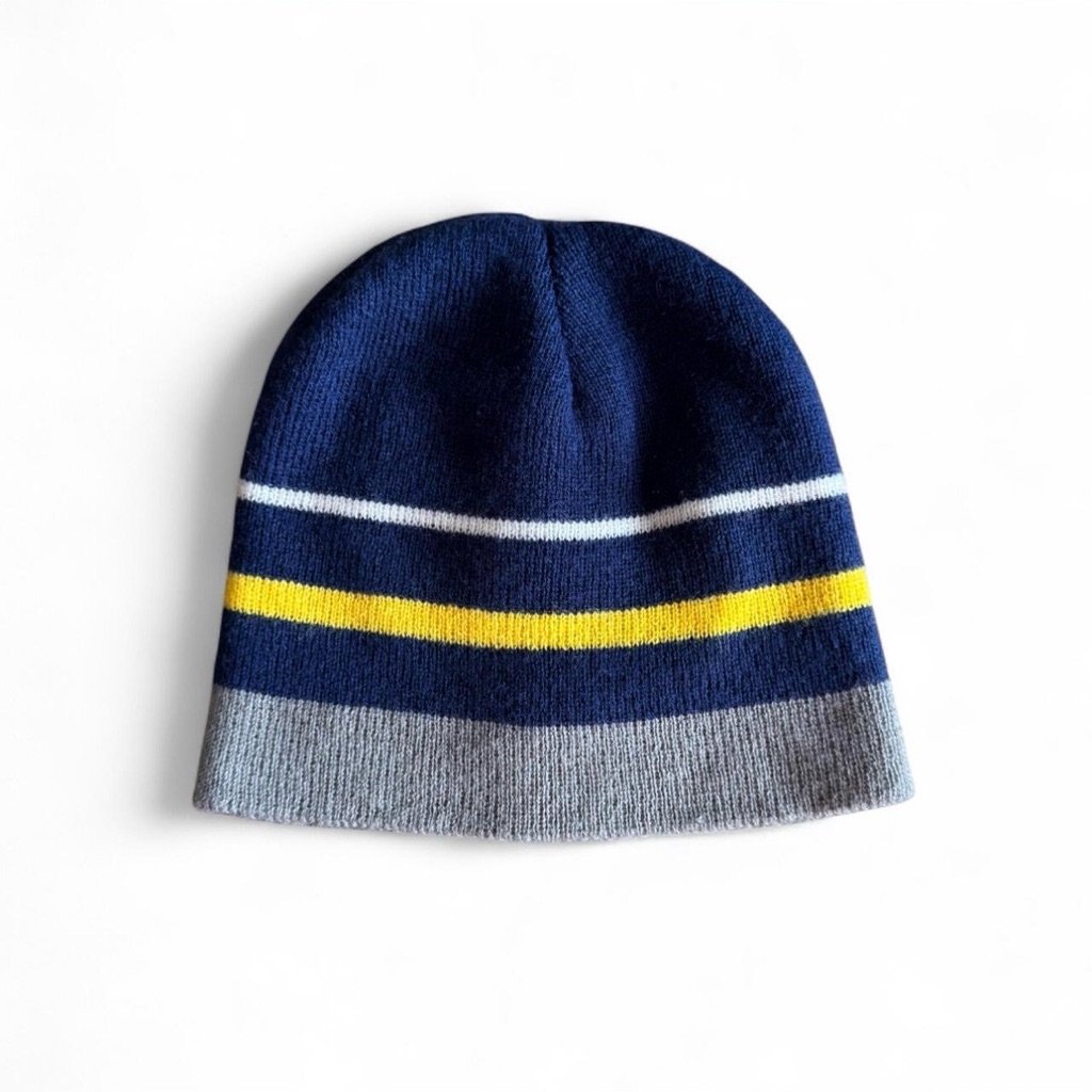Hybrid California Boys Striped Knit Beanie Hat - Navy Yellow Grey Os